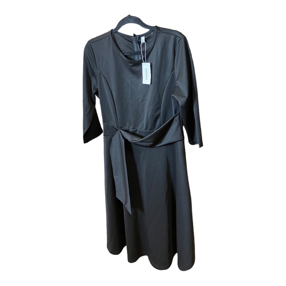 Fenjar Women’s Dress Round Neck 3/4 Sleeve Black Sz L Ruched Belt Full A Line